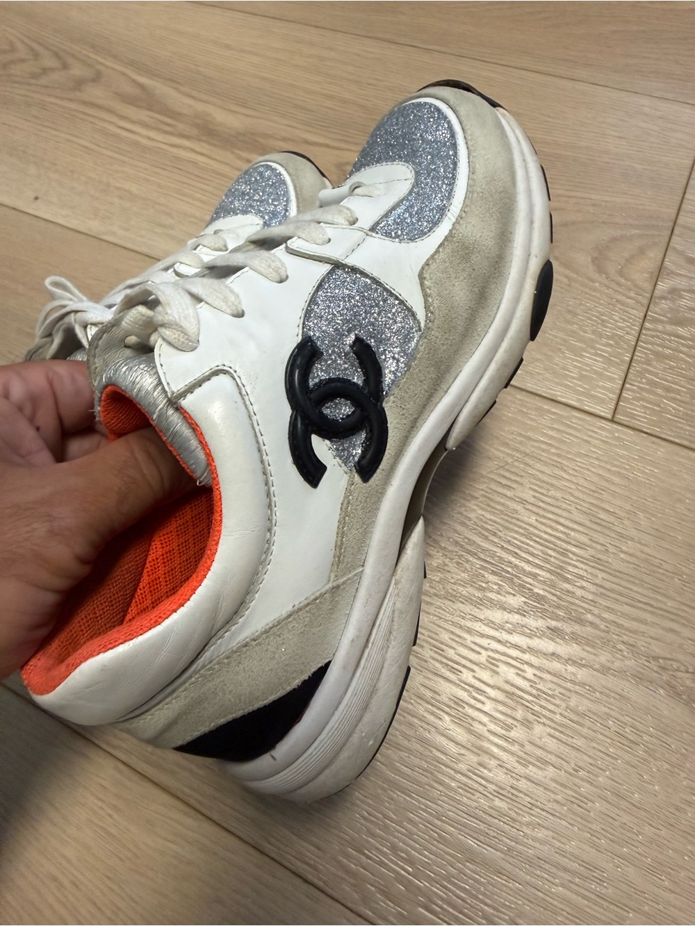 CHANEL White, Silver Glitter and Orange Low-Top Running Sneakers Size 8 (38) - Picture 12 of 16